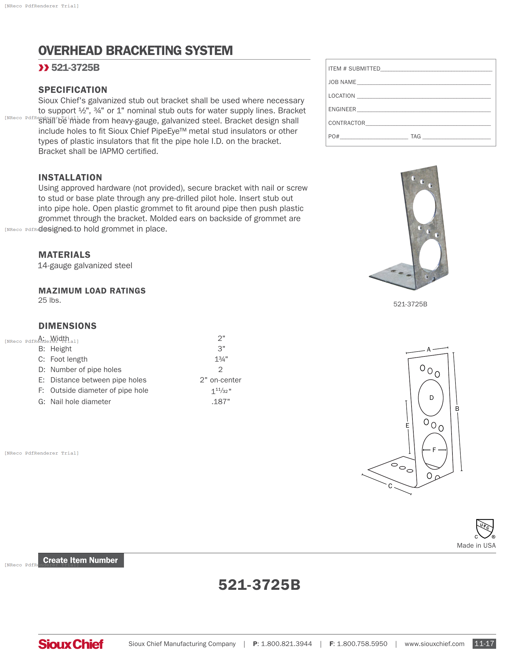 521-3725B - GALVANIZED OVERHEAD BRACKET - SPEC SHEET.PDF Specification Document
